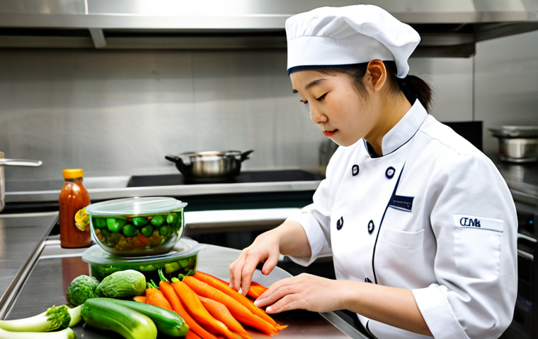 Culinary Student Preparing Ingredients**

"A focused culinary student, fully clothed in a professional chef's uniform, meticulously preparing various fresh vegetables on a stainless steel kitchen counter. Gochujang and Doenjang containers are visible in the background. Bright, natural lighting. Safe for work, appropriate content, modest, professional photography, perfect anatomy, correct proportions, well-formed hands, proper finger count, natural body proportions."

**