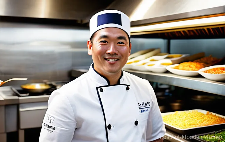 한식조리기능사 자격증의 필요성 - **A Certified Korean Chef in Lisbon:** A male chef, in his late 30s, with a confident and proud expr...