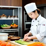 Home 8 한식조리기능사 시험 실기 종목별 난이도 - "A focused young chef, wearing a clean white chef's jacket and a modest apron, meticulously slicing ...