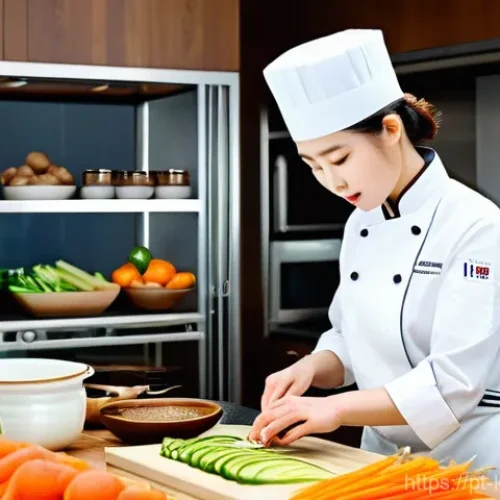 Home 20 한식조리기능사 시험 실기 종목별 난이도 - "A focused young chef, wearing a clean white chef's jacket and a modest apron, meticulously slicing ...