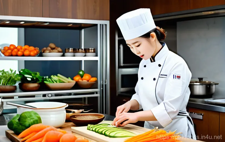 한식조리기능사 시험 실기 종목별 난이도 - "A focused young chef, wearing a clean white chef's jacket and a modest apron, meticulously slicing ...