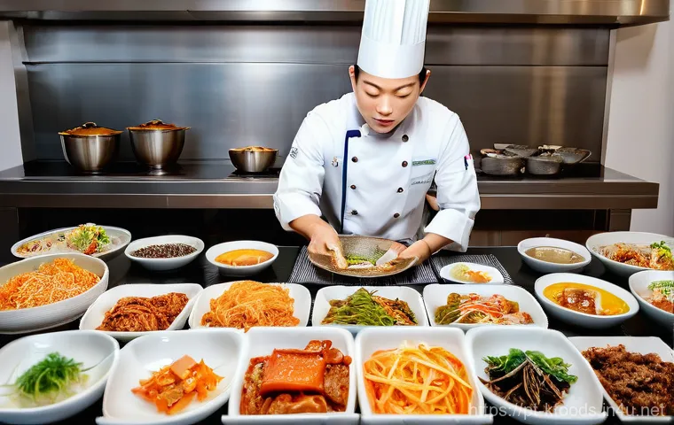 한식조리기능사 시험 실기 종목별 난이도 - "A focused young chef, wearing a clean white chef's jacket and a modest apron, meticulously slicing ...
