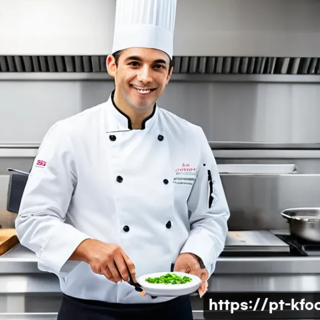 한식조리기능사 관련 국가 정책 - **A highly skilled Portuguese chef, in a crisp, clean white chef's jacket with the logo of a renowne...