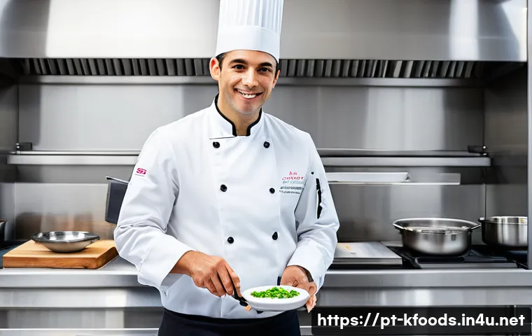 한식조리기능사 관련 국가 정책 - **A highly skilled Portuguese chef, in a crisp, clean white chef's jacket with the logo of a renowne...