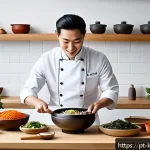 Home 19 한식조리기능사 시험의 최신 동향 - A vibrant Korean culinary workspace in a modern Brazilian kitchen, featuring a professional chef wea...