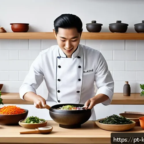 Home 13 한식조리기능사 시험의 최신 동향 - A vibrant Korean culinary workspace in a modern Brazilian kitchen, featuring a professional chef wea...