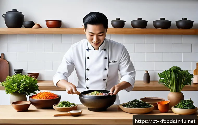 한식조리기능사 시험의 최신 동향 - A vibrant Korean culinary workspace in a modern Brazilian kitchen, featuring a professional chef wea...